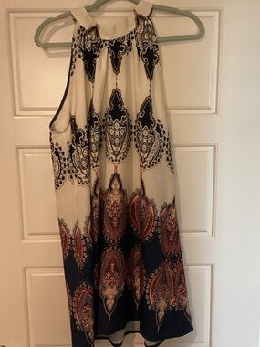 Halter Sleeveless Paisley Print Shift Dress in Cream and Navy
